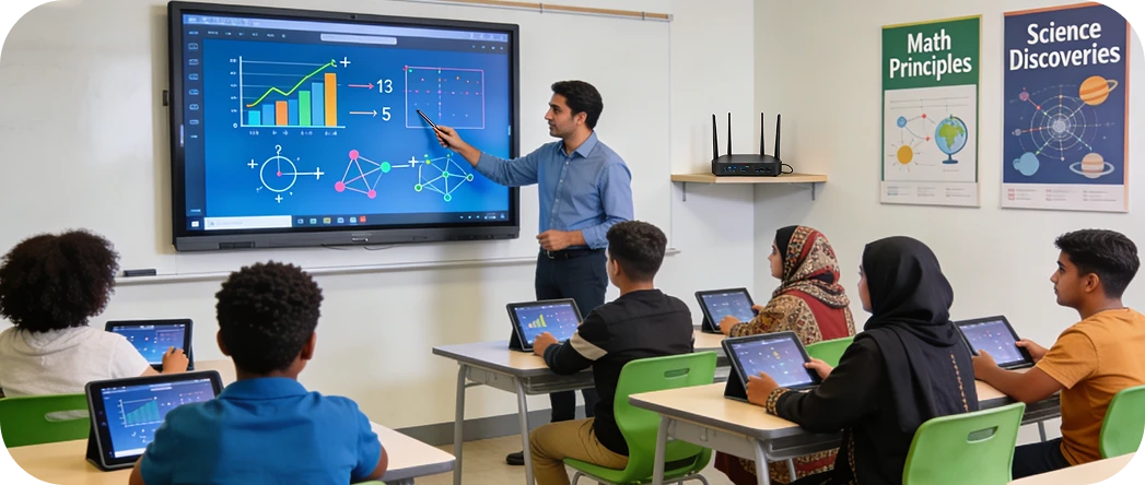 Teacher with smart board in a digital classroom